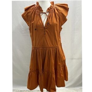 Chic Rust Dress with Ruffled Neckline